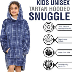 Kids Girls Boys Oversized Hoodie Blue Tartan Printed Snuggle Soft Fleece Blanket