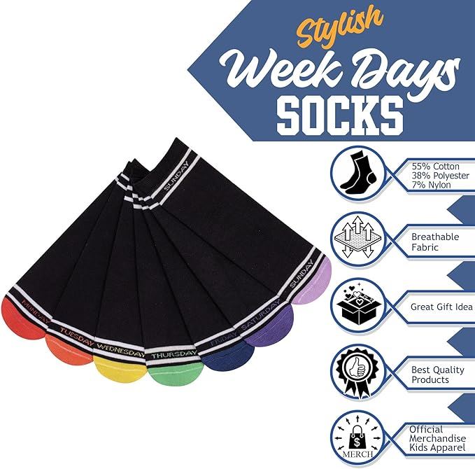 Boys Girls 7 Days Week Socks Cotton Rich Plain Ankle Colourful Heal Toes Socks