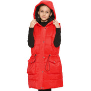 A2Z Kids Girls Down Vest Fashion Oversized Red Hooded Quilted Gilet Padded Long Line Vest Jacket Long Sleeveless Coat Urban Winter Wear Age 7-13 Years