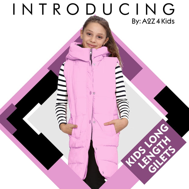 A2Z Kids Girls Long Line Vest Pink Jacket Long Sleeveless Urban Winter Wear Coat Down Vest Fashion Oversized Hooded Quilted Gilet Padded Jacket New Age 7-13