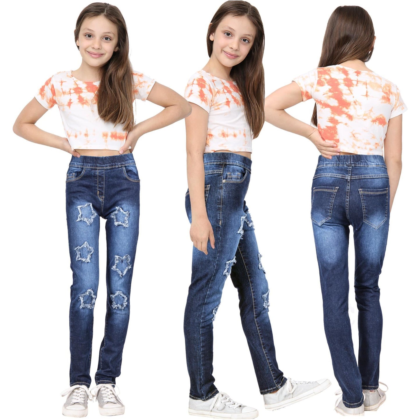 Kids Girls Denim Stars Ripped Jeans Comfort Stretchy Skinny Fashion Pants