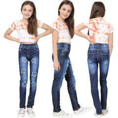 Kids Girls Denim Stars Ripped Jeans Comfort Stretchy Skinny Fashion Pants