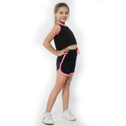 Kids Girls Shorts 100% Cotton Contrast Taped Summer Black Top & Hot Shorts Outfit Set New Age 5 6 7 8 9 10 11 12 13 Years