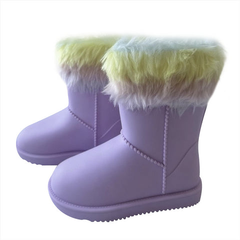 A2Z 4 Kids Girls Warm Rain Boots Lilac Rainbow Faux Fur Lined Waterproof Wellies