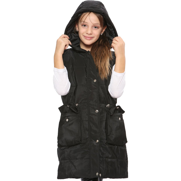 A2Z Kids Girls Down Vest Fashion Oversized Black Hooded Quilted Gilet Padded Long Line Vest Jacket Long Sleeveless Coat Urban Winter Wear Age 7-13 Yr