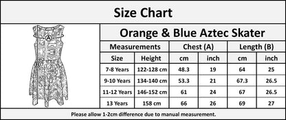 Kids Girls Orange & Blue Aztec Print Skater Skirt Midi Dress Crop Top Legging