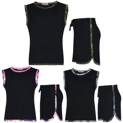 Kids Girls Shorts Set 100% Cotton Camouflage Taped Summer Vest Top Short 5-13 Yr