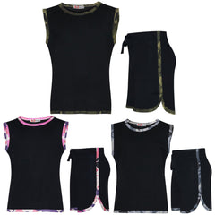 Kids Girls Shorts Set 100% Cotton Camouflage Taped Summer Vest Top Short 5-13 Yr