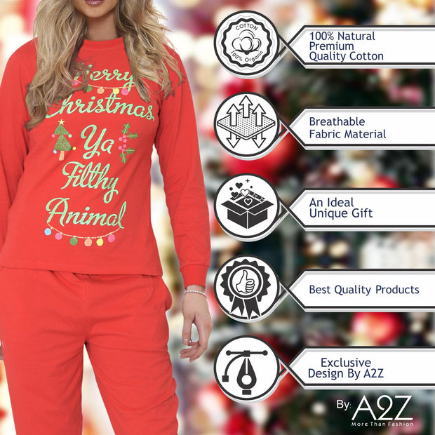 A2Z Ladies 2 Piece Christmas Pyjama Set Loungewear Soft Cotton PJS Long Sleeve Ya Filthy Animal Printed Red Color Top Bottom Xmas Gift for Ladies Matching PJS Lounge Suit S/M/L/XL/2XL