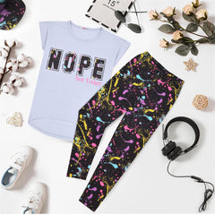 Girls Top Kids Short sleeves Nope Print Splash Tank Top T Shirt & Legging Set