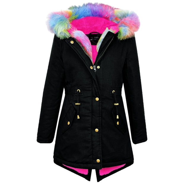 Kids Hooded Jacket Girls Fur Parka School Jackets Outwear Coat 5-13 Years