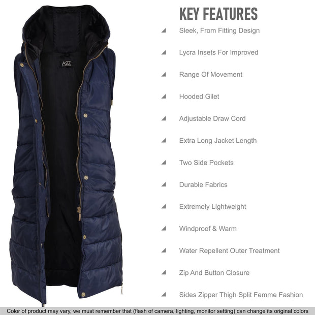 A2Z Kids Girls Fashion Oversized Hooded Quilted Gilet Navy Color Padded Long Line Vest Jacket Long Sleeveless Coat Urban Winter Wear Coat 7-13 Years