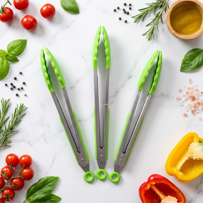 Silicone Grip Tongs Pack of 3 Heat Resistant Kitchen BBQ Cooking Serving Tongs