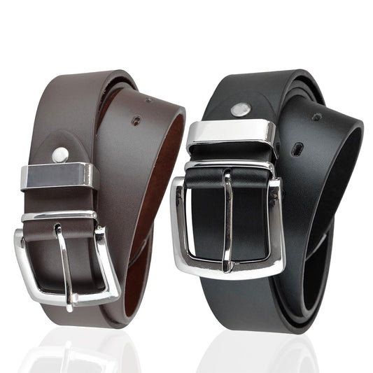 Mens Belt Alloy Pin Silver Buckle Belt 2Pack Leather Lined Jeans Suit Work Belts