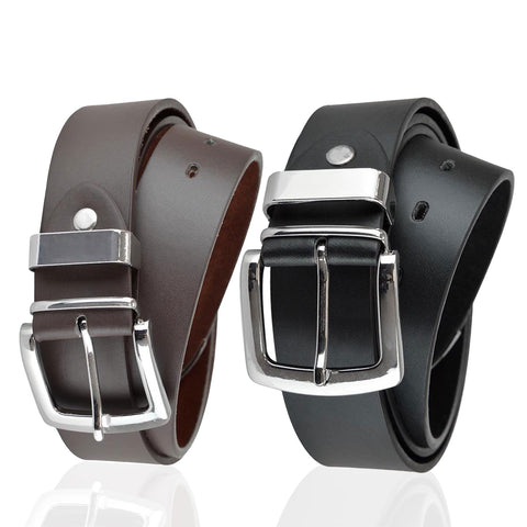 Mens Belt Alloy Pin Silver Buckle Belt 2Pack Leather Lined Jeans Suit Work Belts
