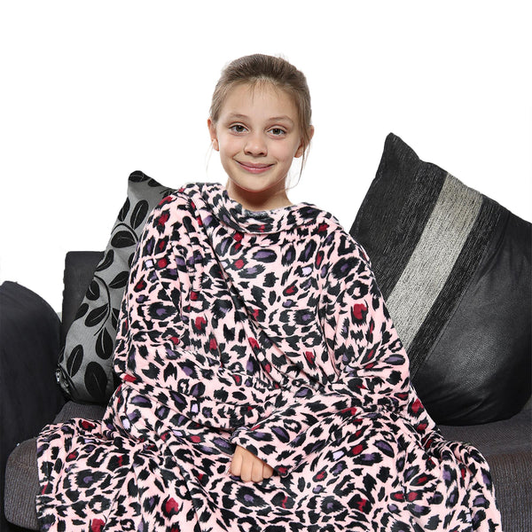 Girls Leopard Print Wearable Snuggle With Sleeves Blanket Super Soft Warm Fleece