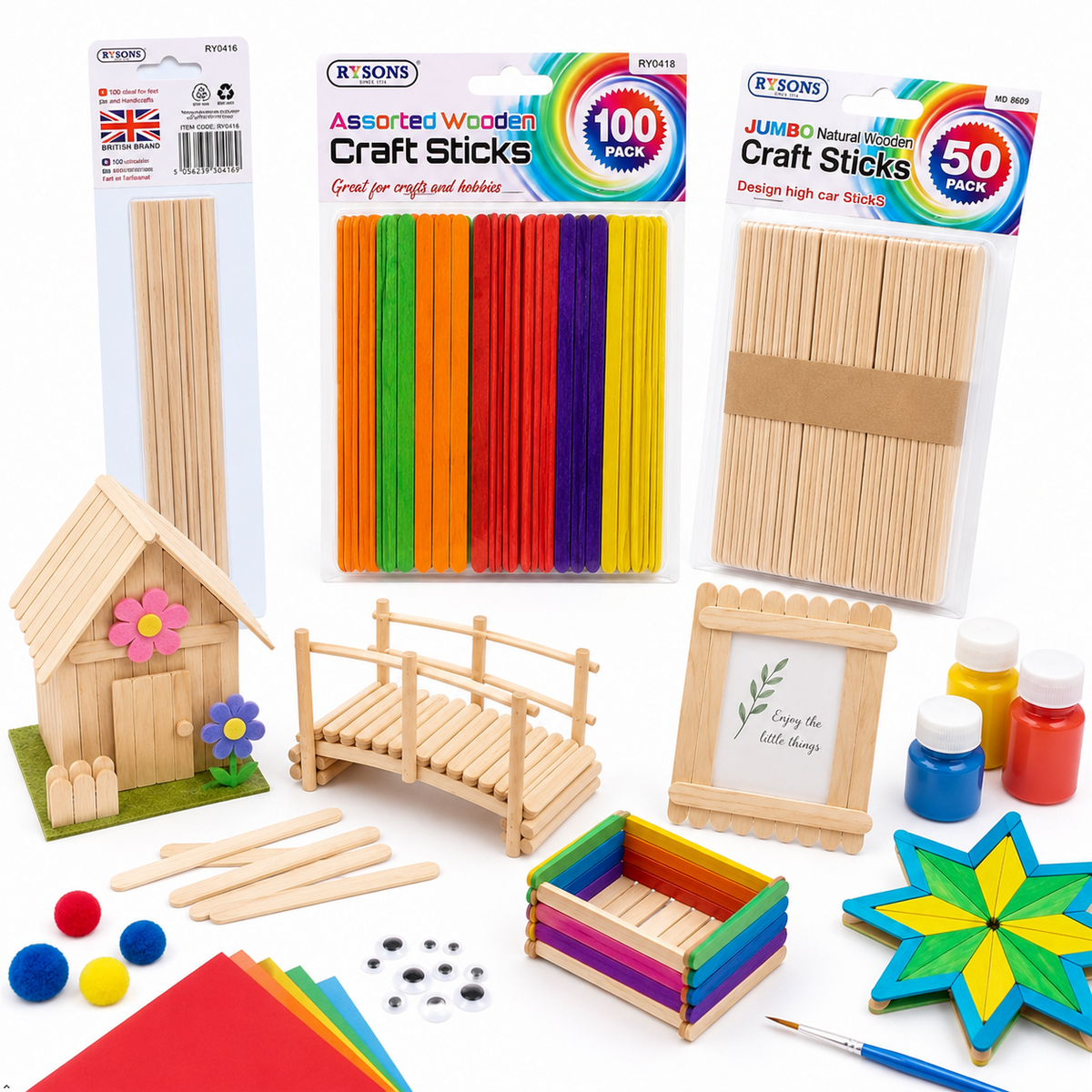 A2Z Assorted Wooden Craft Sticks 100 Pack Colour Popsicle Art Supplies 19cm