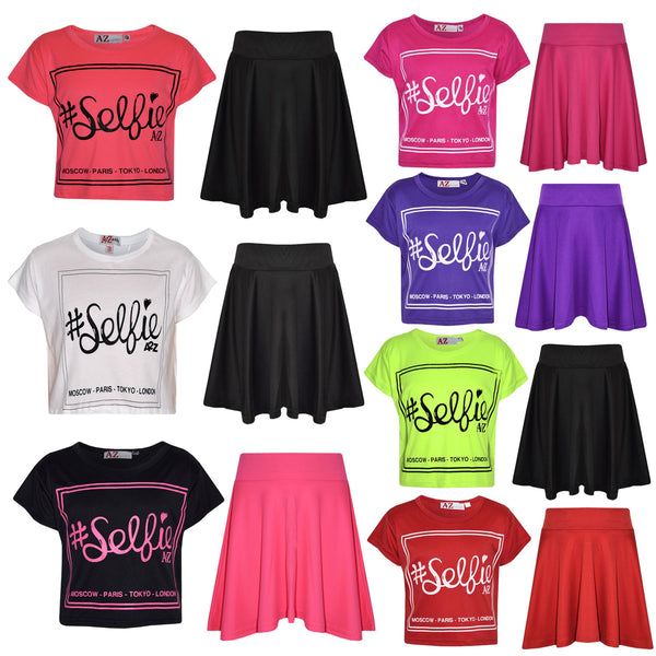 Girls Top Kids Selfie Print Stylish Crop Top & Skater Skirt Set Age 7-13 Years