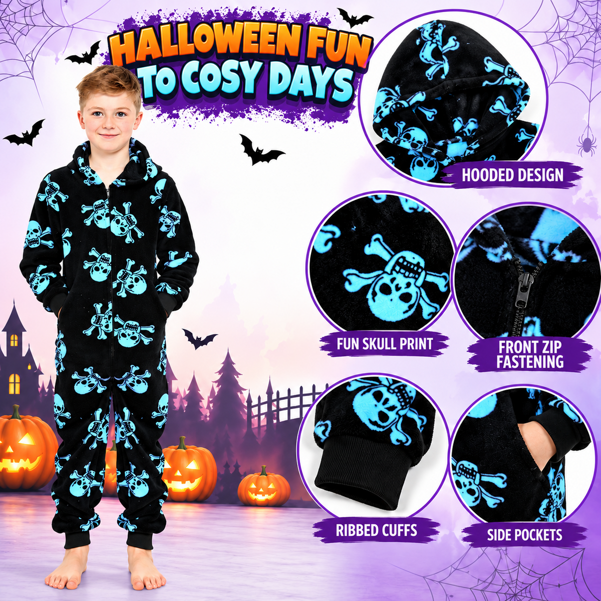 Kids Fun Halloween Skull Bones Print Onesie Pyjama Sets For Girls Boys Jumpsuit
