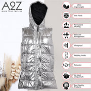 A2Z Kids Girls Fashion Oversized Hooded Quilted Gilet Silver Foil Color Padded Long Line Vest Jacket Long Sleeveless Coat Urban Winter Wear Coat 7-13 Years