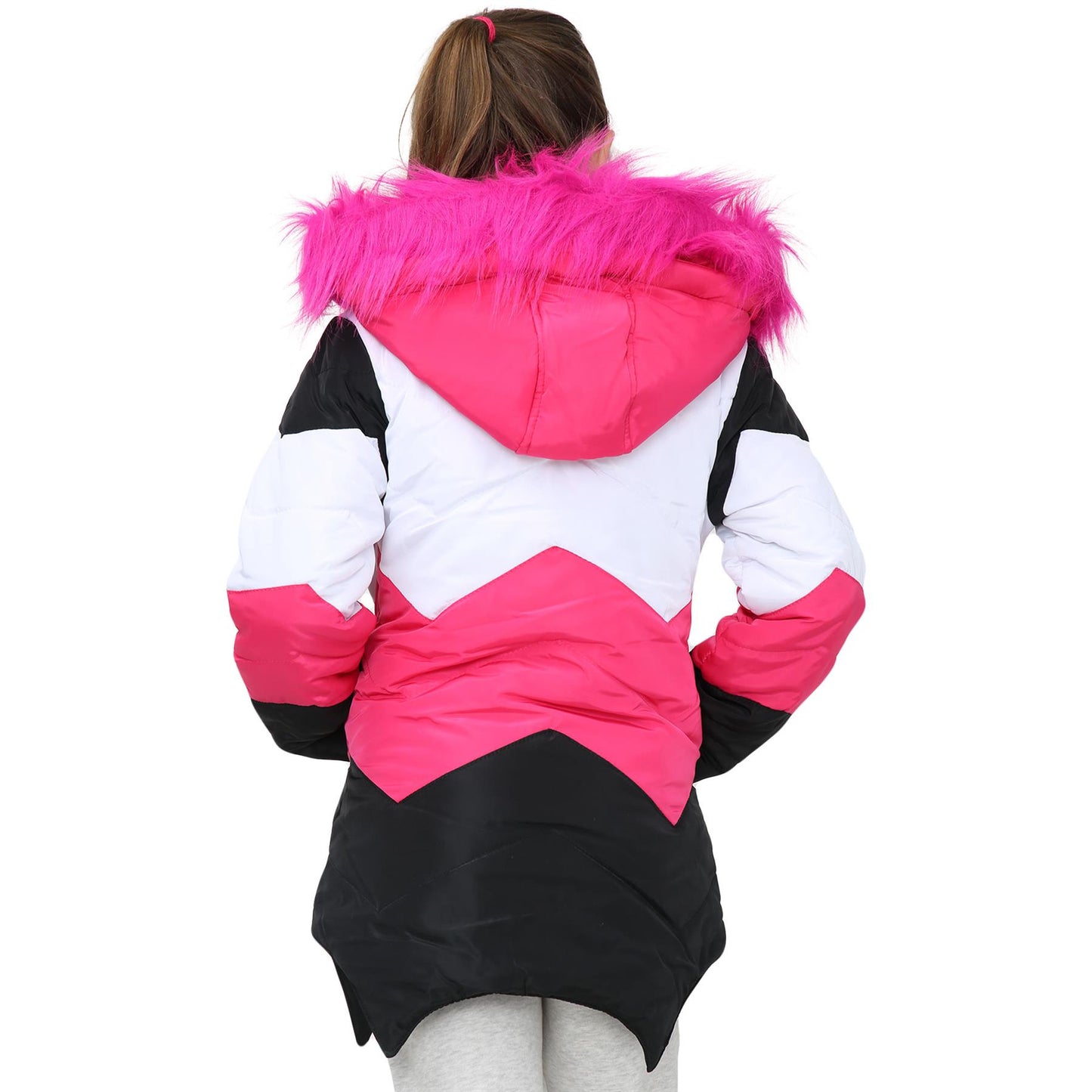 Kids Hooded Contrast Panel Puffer Coat Faux Fur Jacket For Girls 2-13yrs