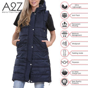 Ladies Sleeveless Gilet Oversized Hooded Quilted Gilet Padded Long Line Coat