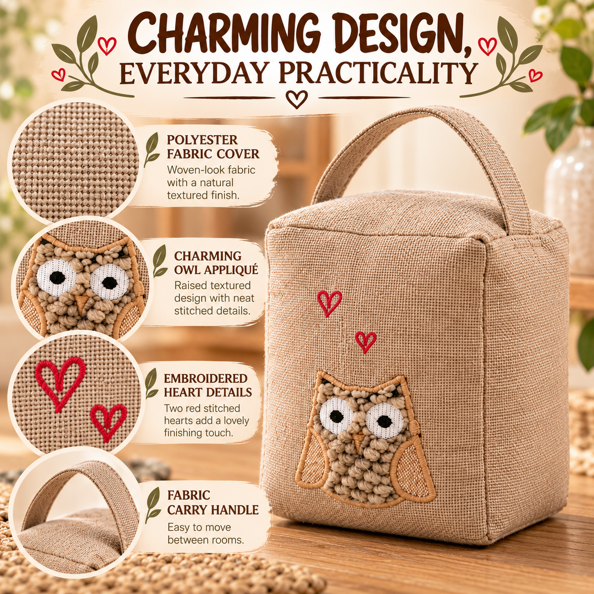 A2Z Owl Beige Applique Square Door Stop 1kg Weighted Home Decorative Ornament