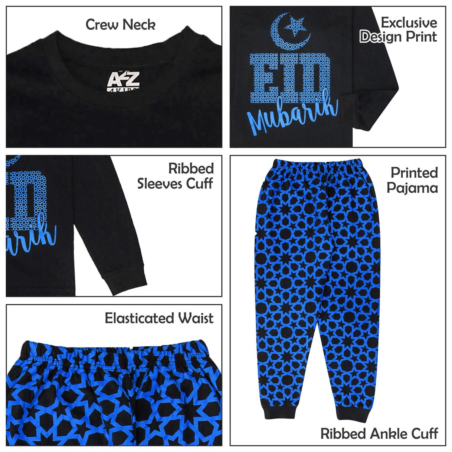 Kids Girls Childrens Black Eid PJS Pyjamas Sleepover 2 Piece Cotton Gift 2-13