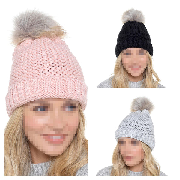 A2Z Ladies Hat Chunky Knit Beanie Bobble Pom Pom Stylish Winter Warm Cozy Hats