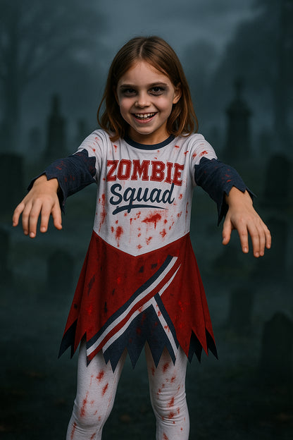 A2Z 4 Kids Girls Zombie Cheerleader Halloween Attire Top Shredded Sleeves Long Bloody Socks Cheerleading Pom Poms Outfit Halloween Parties and Trick or Treating