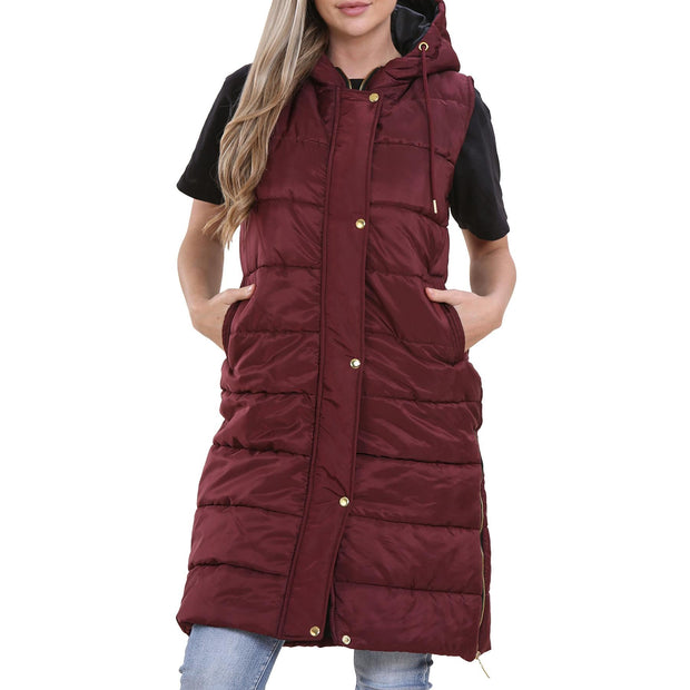 A2Z Ladies Adults Sleeveless Gilet Oversized Hooded Wine Quilted Gilet Padded Long Line Vest Jacket Sleeveless Coat Urban Winter Wear