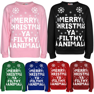 Girls Boys Christmas Jumper Novelty " Merry Christmas Ya Filthy Animal " Sweater Age 7-13 YearsGirls Boys Christmas Jumper Novelty " Merry Christmas Ya Filthy Animal " Sweater Age 7-13 Years