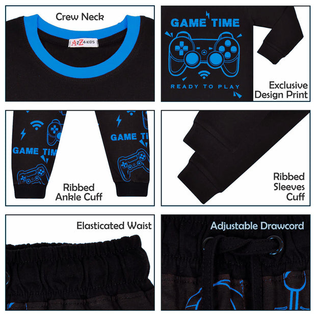 Kids Girls Boys Pyjamas Game Time Contrast Top Bottom 2 Piece PJS Sleepwear Set