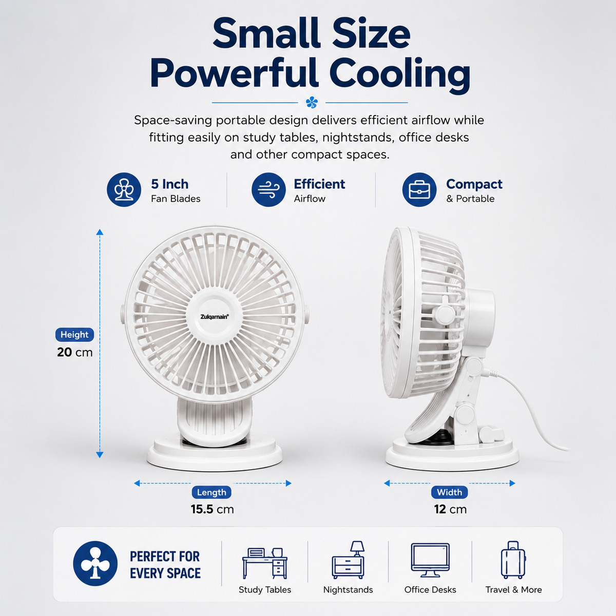 5 Inch USB White Clip Desk Fan 2 in 1 Portable Cooling Fan with 3 Speed Settings