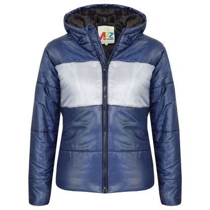 Kids Girls Boys Contrast Panel Jackets Hooded Padded Quilted Warm Coats 5-13 Yr