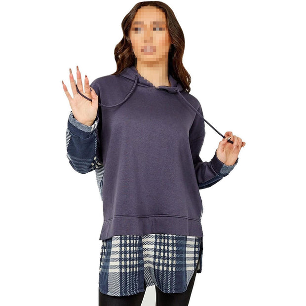 Ladies Hooded Shacket Check Print Colour Block Zip Up Shirt Jacket Oversize Coat