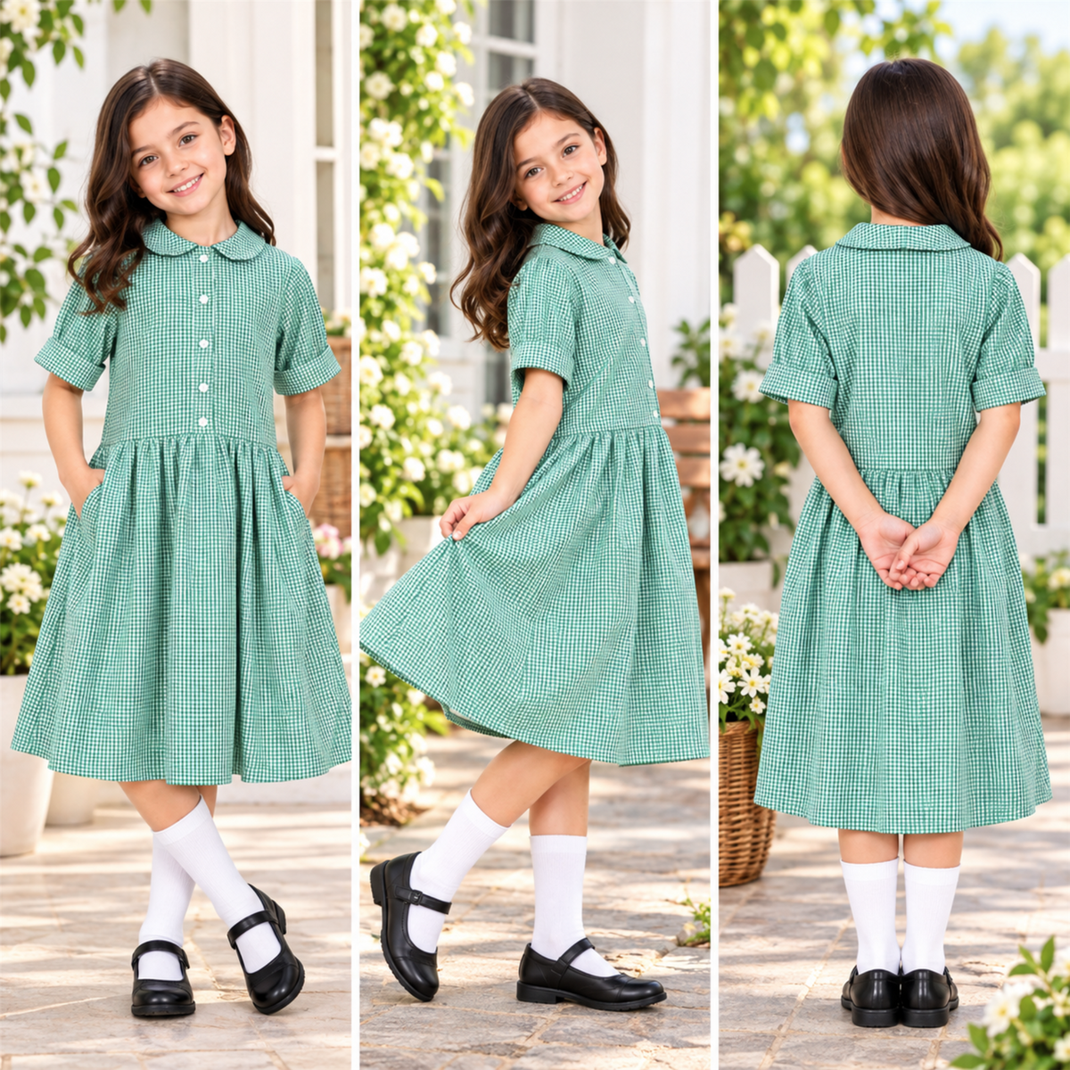 Girls School Gingham Dress Soft Fabric Check Print Front Button Closure Dress