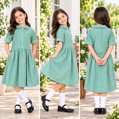 Girls School Gingham Dress Soft Fabric Check Print Front Button Closure Dress