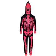 Kids Girls Boys Skeleton Print Pyjama Onesie Neon Pink All In One Halloween Costume - A2Z 4 Kids