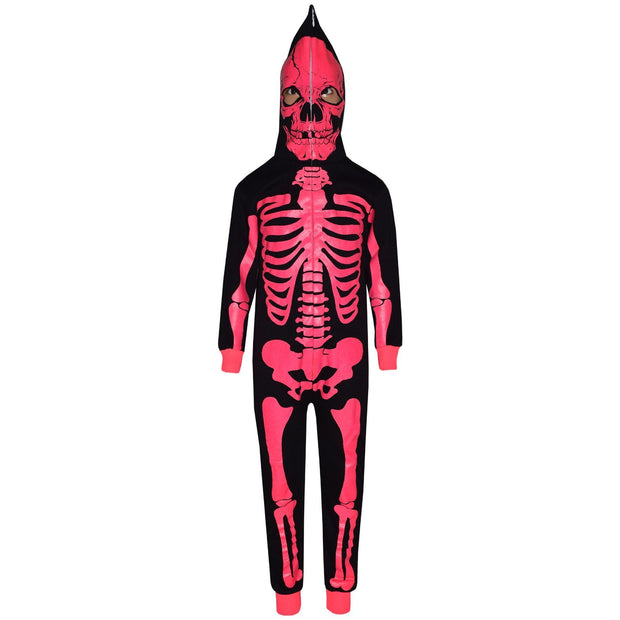 Kids Girls Boys Skeleton Print Pyjama Onesie Neon Pink All In One Halloween Costume - A2Z 4 Kids