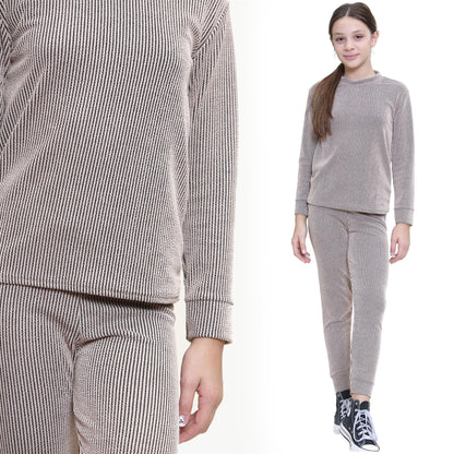 Kids Girls Ribbed Top & Bottom Tracksuit Lounge Wear Long Sleeves Outfit Set
