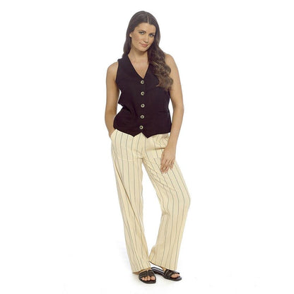 Ladies Linen Blend Elasticated Back Stripe Wide Leg Summer Holiday Trousers