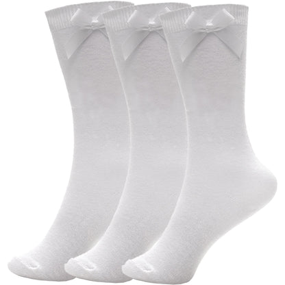 Kids Girls Plain Knee High Socks With Ribbon Bow Pack of 3 School Cotton Socks