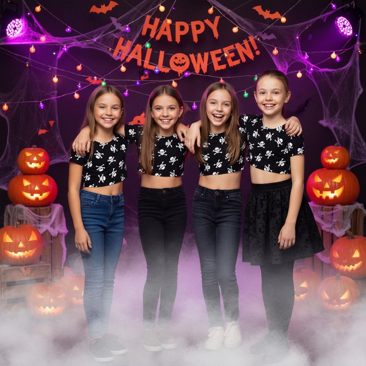 Kids Girls Skull Print Crop Top Legging Skater Dress Halloween Costume 7-13 Year