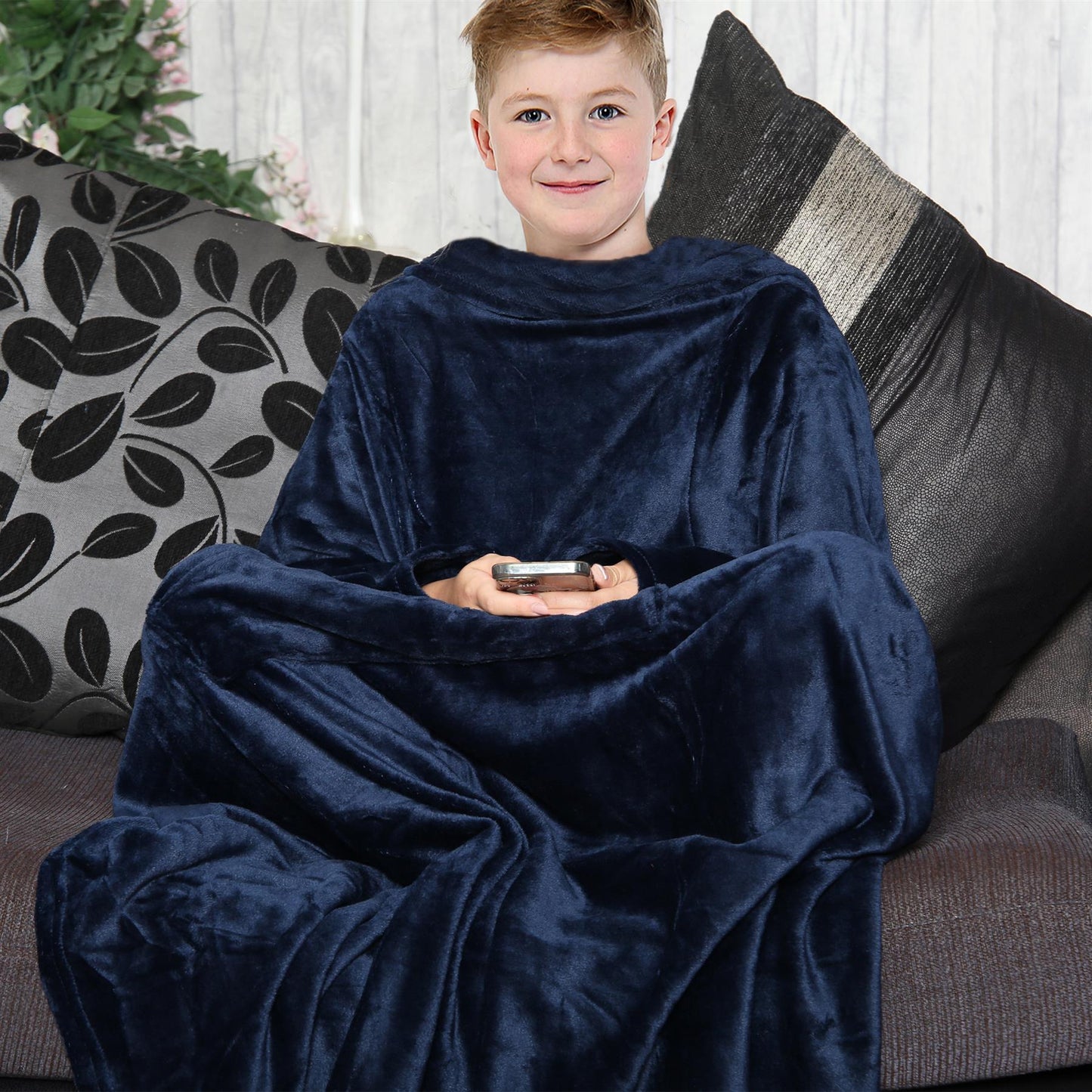 Girls Boys Unisex Navy Wearable Snuggle Sleeves Blanket Super Soft Warm Fleece