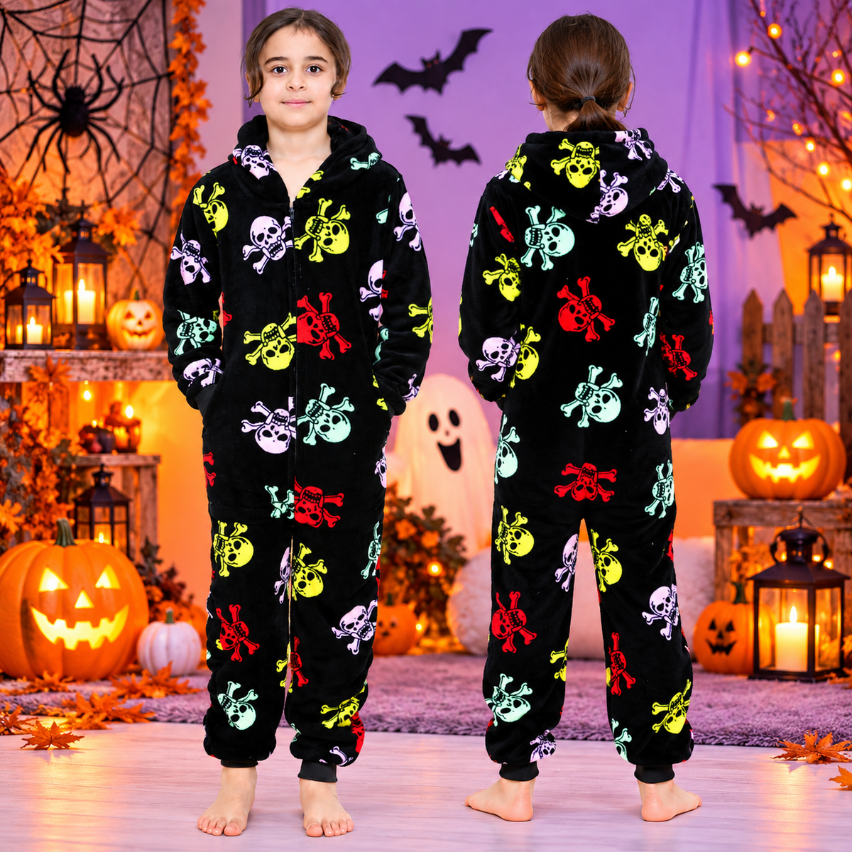 Kids Fun Halloween Skull Bones Print Onesie Pyjama Sets For Girls Boys Jumpsuit