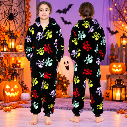 Kids Fun Halloween Skull Bones Print Onesie Pyjama Sets For Girls Boys Jumpsuit