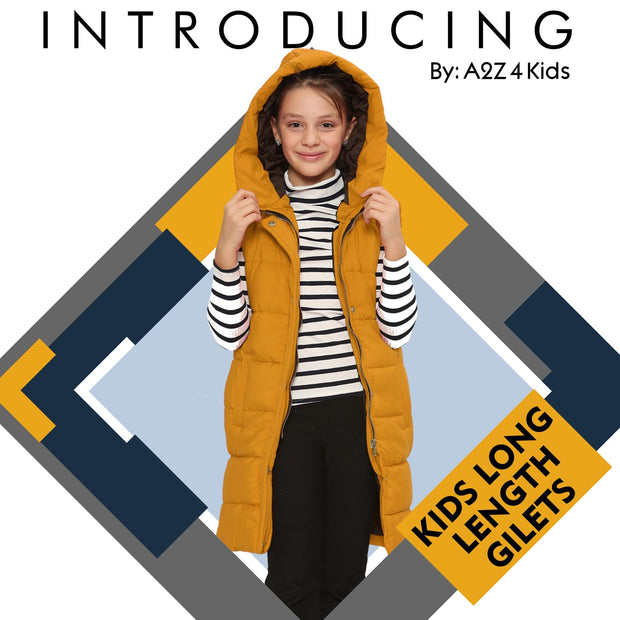 A2Z Kids Girls Down Vest Oversized Mustard Hooded Quilted Gilet Padded Long Line Vest Jacket Long Sleeveless Coat Urban Winter Wear 7-13 Years