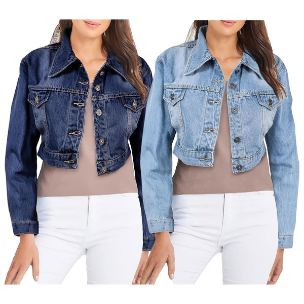 Ladies Women Fashion Cropped Denim Jacket Jean Long Sleeve Jacket Size 8-20