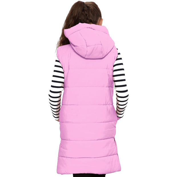 A2Z Kids Girls Long Line Vest Pink Jacket Long Sleeveless Urban Winter Wear Coat Down Vest Fashion Oversized Hooded Quilted Gilet Padded Jacket New Age 7-13